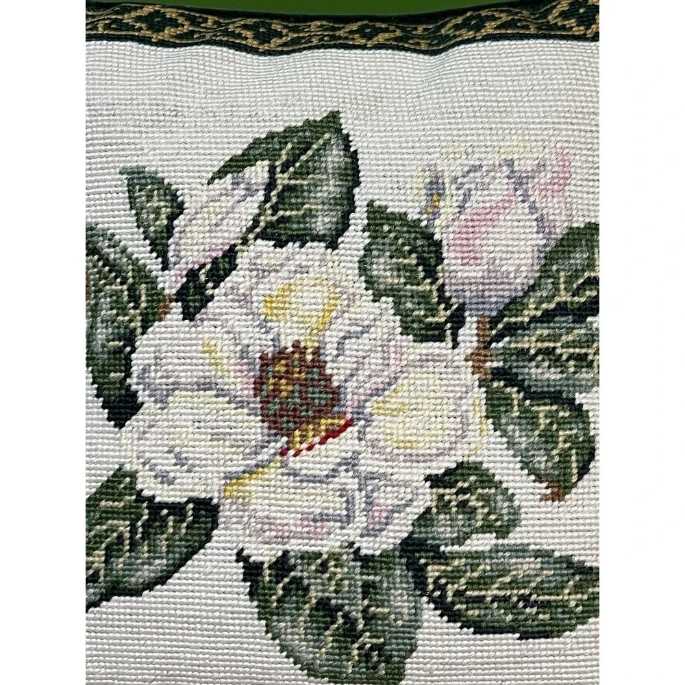 Needlepoint Magnolia & Dogwood Floral Pillow Green Velvet‎ Backing-Set 2 Vintage